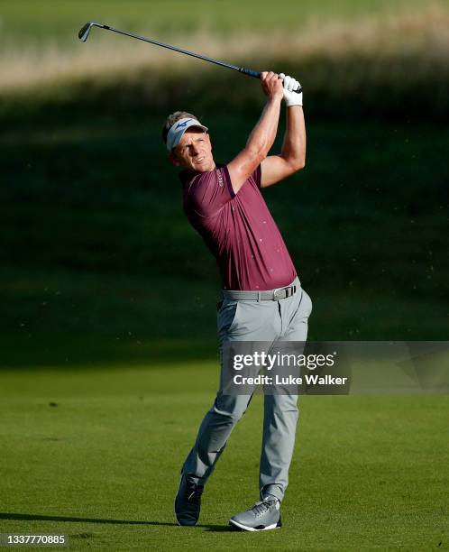Luke Donald of England plays his second shot on the 10th hole during Day One of The Italian Open at Marco Simone Golf Club on September 02, 2021 in...