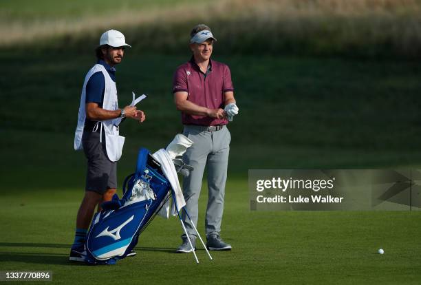 Luke Donald of England plays his second shot on the 10th hole during Day One of The Italian Open at Marco Simone Golf Club on September 02, 2021 in...