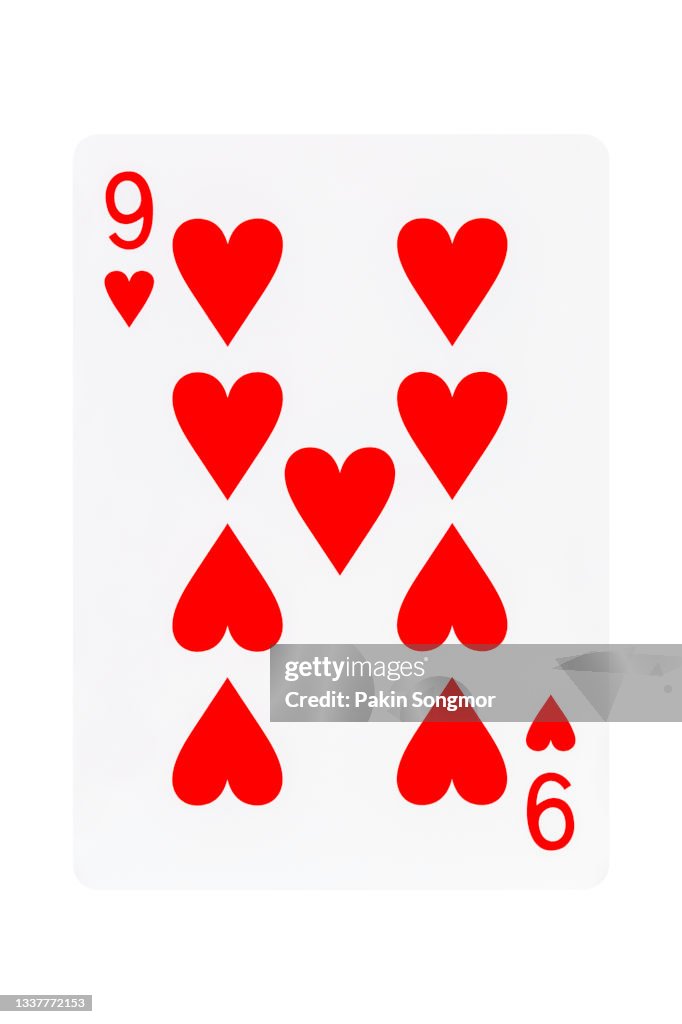 The nine of hearts playing card isolated on white background. clipping path