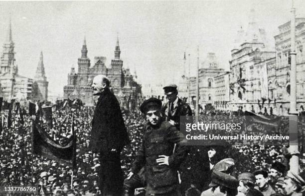 Vladimir Lenin delivers a speech on Red Square at the opening of a temporary monument to Stepan Razin. Moscow. 1919.