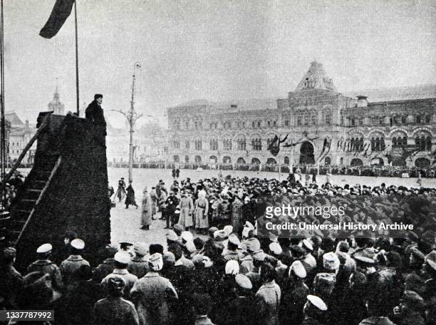 Vladimir Lenin delivers a speech from the rostrum on Red Square on the day of the celebration of the first anniversary of the Great October Socialist...