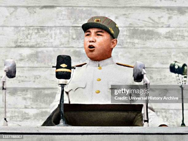 Marshal Kim Il Sung receives a military parade after the end of the war. July, 1953.