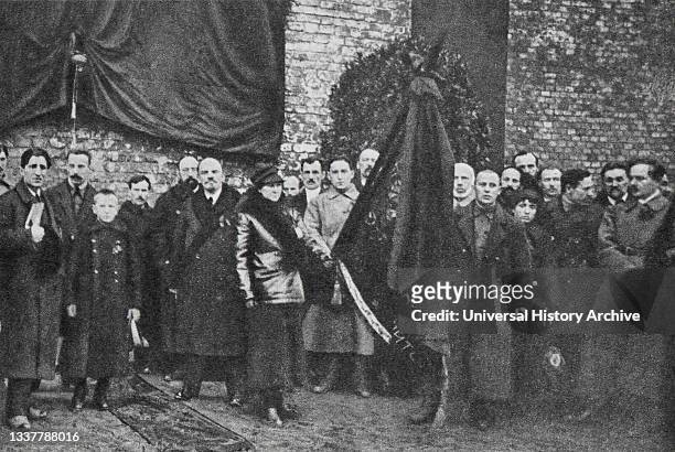 Vladimir Lenin on Red Square near the Kremlin wall before the opening of a memorial plaque erected in memory of the peoples who died for peace and...