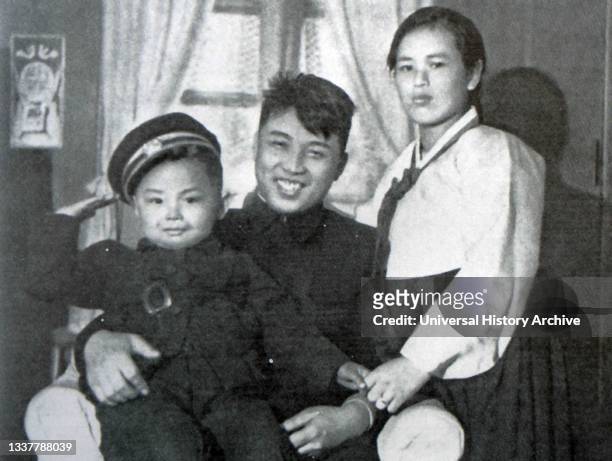 Kim Il Sung poses with his first wife Kim Jong Suk and his son Kim Jong Il in the 1947.