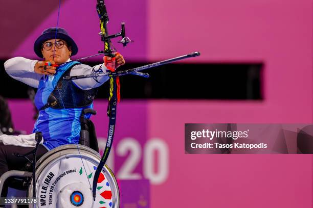 Zahra Nemati of Team Iran competes in the Women's Individual Recurve on day 9 of the Tokyo 2020 Paralympic Games at Yumenoshima Park Archery Field on...