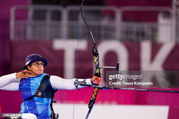 Zahra Nemati of Team Iran competes in the Women's Individual Recurve on day 9 of the Tokyo 2020 Paralympic Games at Yumenoshima Park Archery Field on...