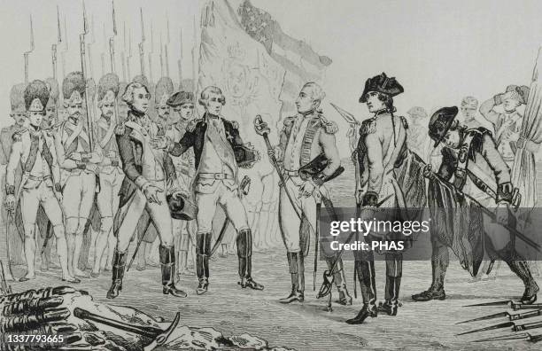 War of Independence of the United States of America. British General Cornwallis surrender after Battle of Yorktown, Virginia, on October 19, 1781....