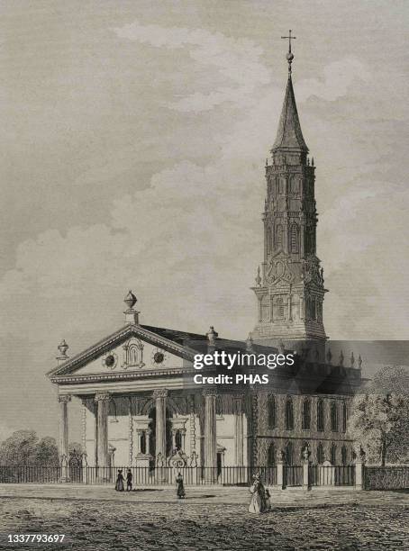 New York. St. Paul's Chapel in Manhattan. Built in 1763. Engraving by Arnout. Panorama Universal. History of the United States of America, from 1st...