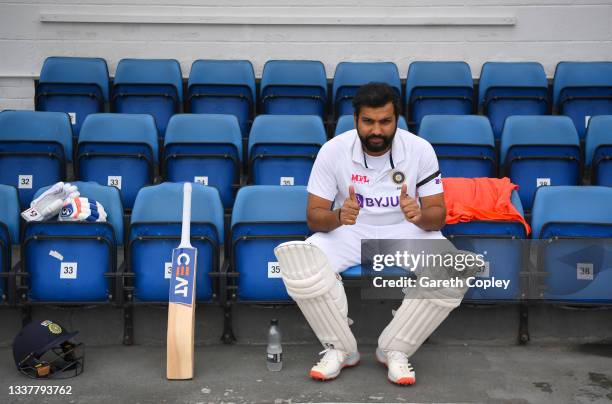 Rohit Sharma of India waits to bat ahead of day one of the Fourth LV= Insurance Test Match between England and India at The Kia Oval on September 02,...