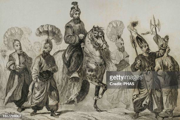Ottoman Sultan going to the mosque. Turkey. Engraving by Lemaitre, Lalaisse and Chaillot. Historia de Turquia by Joseph Marie Jouannin and Jules Van...