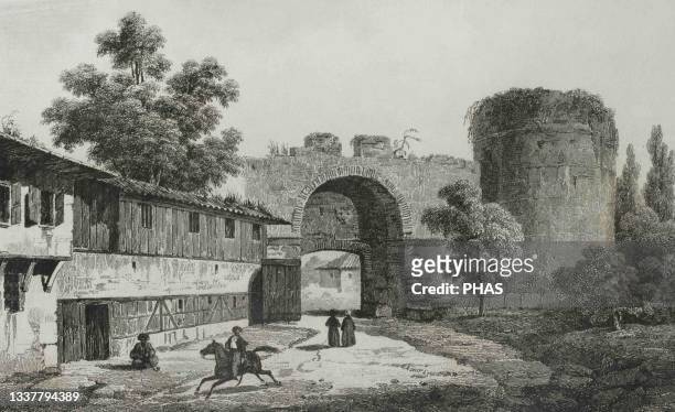 Ottoman Empire. Turkey. Triumphal gate of the ancient town of Adrianople . Turkey. Engraving by Lemaitre, Vormser and Cholet. Historia de Turquia, by...