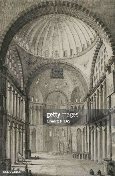 Ottoman Empire era. Turkey. Constantinople . Hagia Shopia. Byzantine Basilica converted into a mosque. Inside view. Engraving by Lemaitre and...
