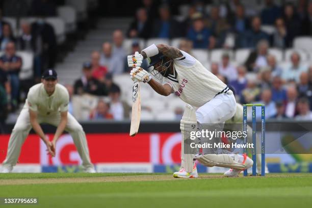 Rahul of India drives a ball from Jimmy Anderson of England to the boundary during the Fourth LV= Insurance Test Match: Day One between England and...