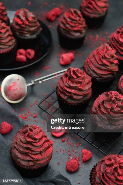 image of black, metal wire cooling rack with rows of homemade, chocolate cupcakes in brown, paper cake case, chocolate butter icing piped swirl coated with dehydrated raspberry dust, sieve, grey muslin, black background, elevated view - cake case stock pictures, royalty-free photos & images