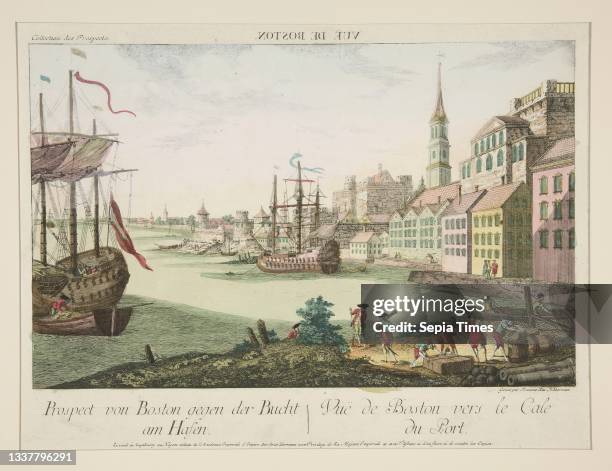 Franz Xaver Habermann, German, 1721-1796, Vue de Boston : Prospect von Boston gegen der Bucht am Hafen , Line engraving, colored by hand, sheet: 35 _...