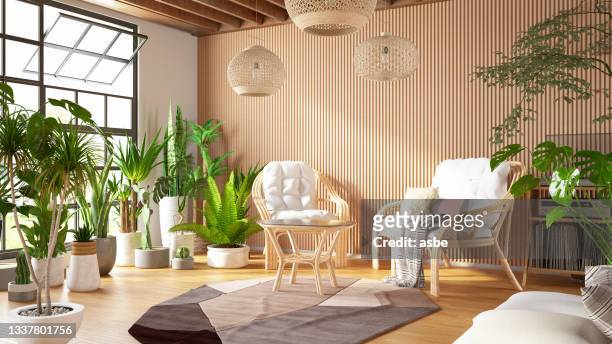 cozy living room with bamboo furniture and green plants - bamboo plant stockfoto's en -beelden