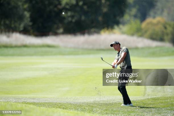 Henrik Stenson of Sweden plays his third shot on the ninth hole during Day One of The Italian Open at Marco Simone Golf Club on September 02, 2021 in...