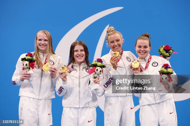 Gold medalists Hannah Aspden, Mikaela Jenkins, Jessica Long and Morgan Stickney of Team United States pose during the women’s 4x100m Medley Relay -...