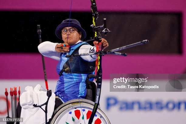 Zahra Nemati of Team Iran competes in the Women's Individual Recurve gold final on day 9 of the Tokyo 2020 Paralympic Games at Yumenoshima Park...