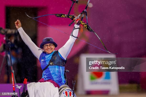 Zahra Nemati of Team Iran celebrates her gold medal in the Women's Individual Recurve gold final on day 9 of the Tokyo 2020 Paralympic Games at...