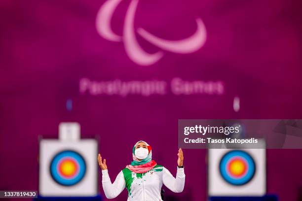Zahra Nemati of Team Iran celebrates her gold medal in the Women's Individual Recurve gold final on day 9 of the Tokyo 2020 Paralympic Games at...