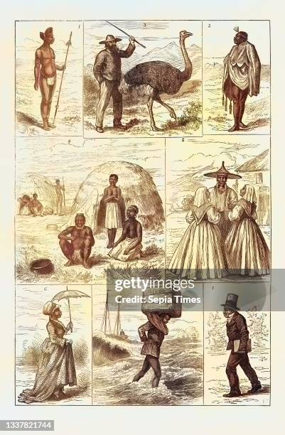 Sketches in South Africa: 1. Young Zulu Chief Natal 2. Kaffir Chief Robed in a Kaross of Jackal Skin 3. Dutch Boer with an Ostrich 4. Kaffir Kraal...