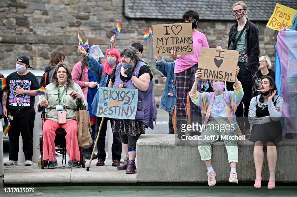 Trans Rights activists hold a counter demonstration next to a woman’s rights demo organised by Women Wont Wheesht on September 02, 2021 in Edinburgh,...