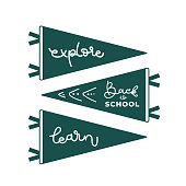 Back to school green pennants. Explore and learn. Vector illustration, flat design