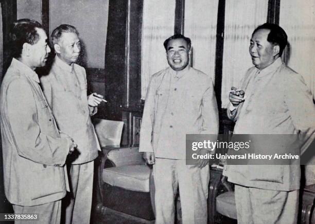 Chinese communist leaders in Beijing 1959. Zhou Enlai, Liu Shao qi, Zhu De and Chairman Mao Zedong..