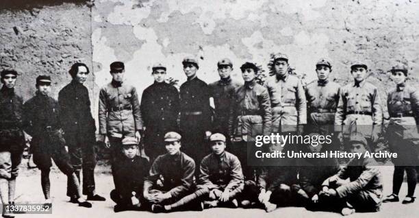Mao Zedong with Red army soldiers on the Long March, 1935. The Long March was a military retreat undertaken by the Red Army of the Communist Party of...