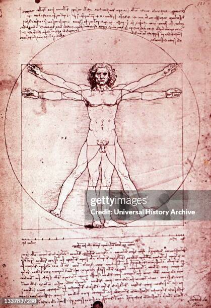 The Vitruvian Man, 1490; Pen and ink. Circa 1514-16. By Leonardo da Vinci , the Italian Renaissance polymath. The Vitruvian Man is accompanied by...