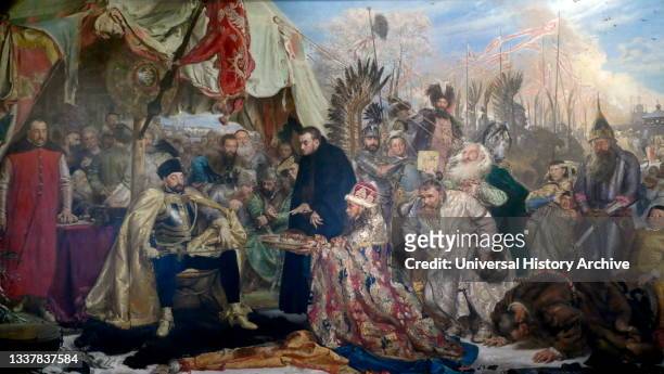 Stephen Bathory at Pskov or Bathory at Pskov ; 1872 painting by the Polish artist Jan Matejko. The work depicts the subjects of the Russian tsar,...