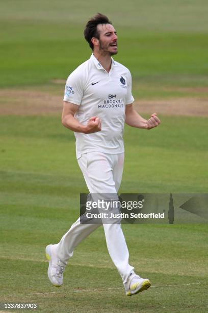 Toby Roland-Jones of Middlesex celebrates taking the wicket of Alex Hughes of Derbyshire during Day four of the LV= Insurance County Championship...