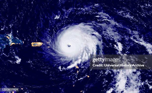 Hurricane Irma striking Barbuda in the Leeward Islands September 2017. Irma's winds surpassed 185 miles per hour, making it the strongest storm to...