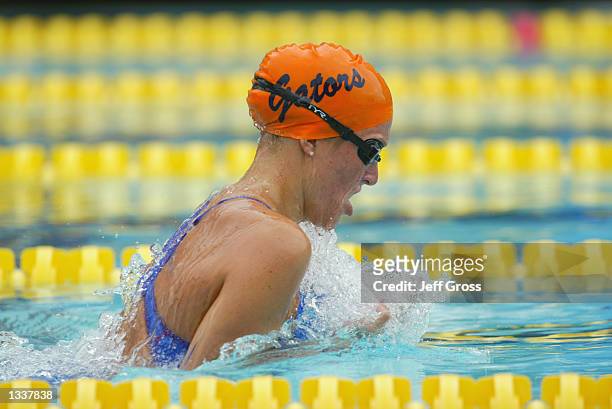 Kristen Caverly competes in the 200m breaststroke preliminary during the Janet Evans Invitational on July 20, 2002 at the McDonald's Swim Stadium in...