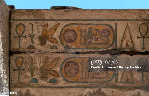 Relief on a ceiling at Karnak Temple Complex, in Luxor, Egypt. Construction at the complex began during the reign of Senusret I in the Middle Kingdom...