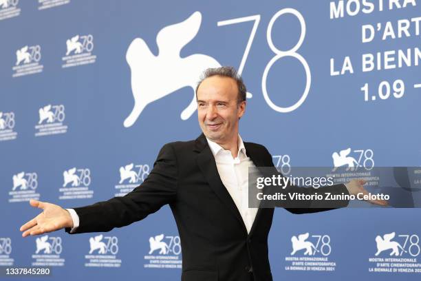 Roberto Benigni attends the photocall of the Masterclass by Roberto Benigni as he receives the Golden Lion for Lifetime Achievement 2021 during the...