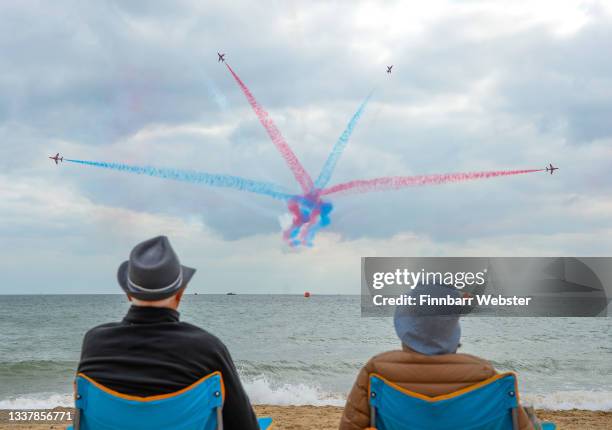 The Red Arrows perform during the Bournemouth Air Festival on September 02, 2021 in Bournemouth, England. The air show runs from the 02nd to 05th...