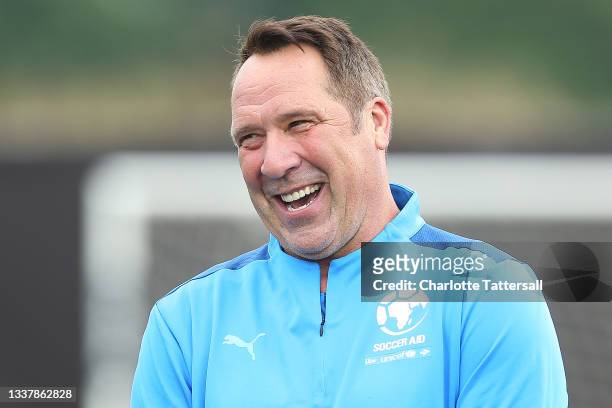 David Seaman, management of England reacts prior to Soccer Aid For Unicef 2021 training at Mottram Hall on September 02, 2021 in Wilmslow, England.