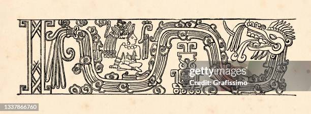 ilustrações de stock, clip art, desenhos animados e ícones de drawing aztec civilization relief from temple in mexico - quetzalcoatl