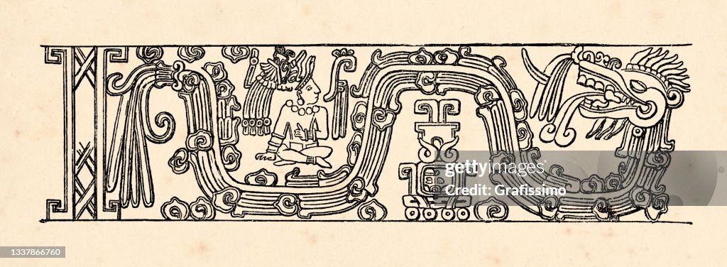 Drawing aztec civilization relief from temple in mexico