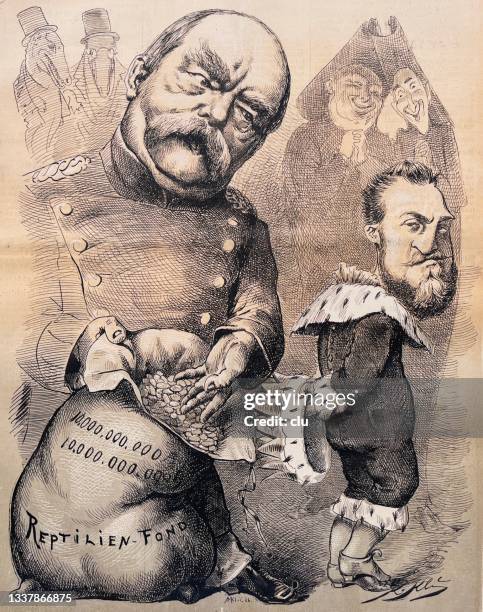 reichskanzler otto von bismarck mit einem sack geld, den er vom prinzen von hannover nahm - otto von bismarck stock-grafiken, -clipart, -cartoons und -symbole