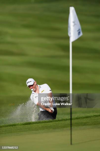 Stephen Gallacher of Scotland plays a bunker shot on the 16th hole during Day One of The Italian Open at Marco Simone Golf Club on September 02, 2021...