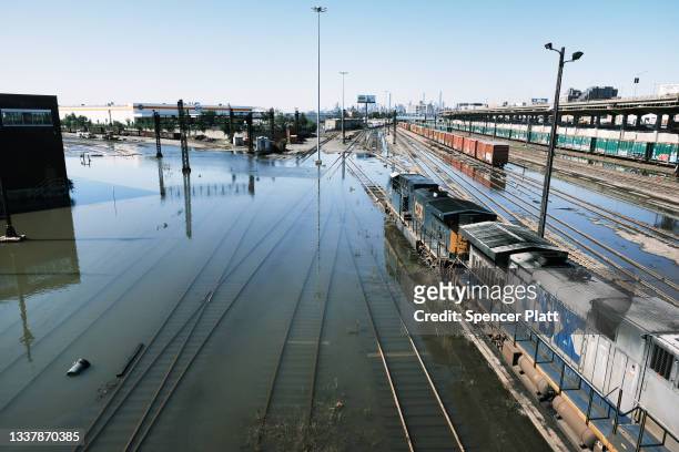 Train tracks are flooded in the Bronx following a night of heavy wind and rain from the remnants of Hurricane Ida on September 2, 2021 in New York...