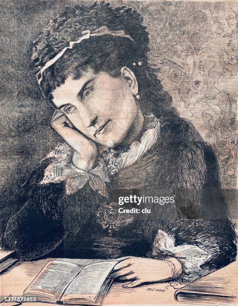 lady sitting thoughtfully at desk, having her diary or book opened - hand in hair stock illustrations stock illustrations