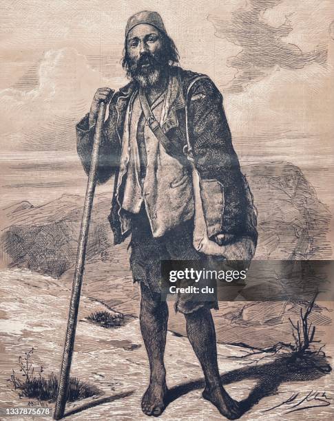 muslim clan leader from bosnia: hadschi loja standing in nature, holding a pole - loja 幅插畫檔、美工圖案、卡通及圖標