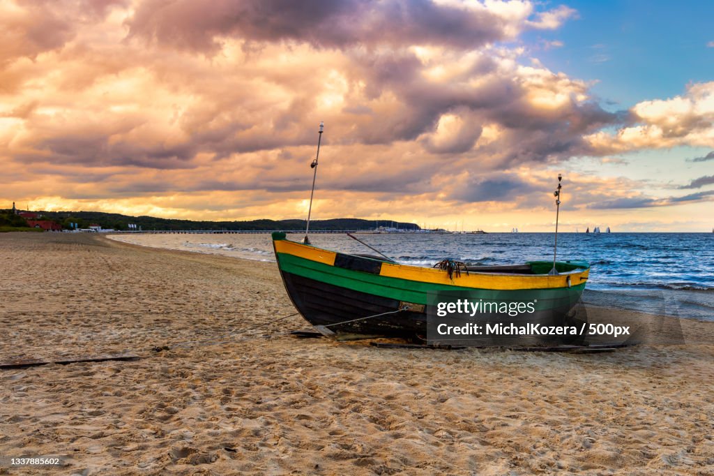 Scenic view of beach against sky during sunset,Sopot,Poland