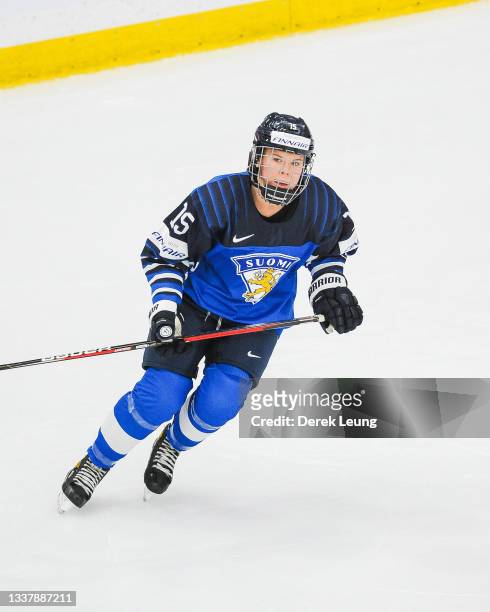 Minnamari Tuominen of Finland in action against Switzerland in the 2021 IIHF Women's World Championship bronze medal game played at WinSport Arena on...