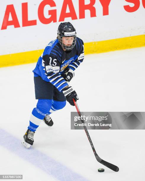 Minnamari Tuominen of Finland in action against Switzerland in the 2021 IIHF Women's World Championship bronze medal game played at WinSport Arena on...