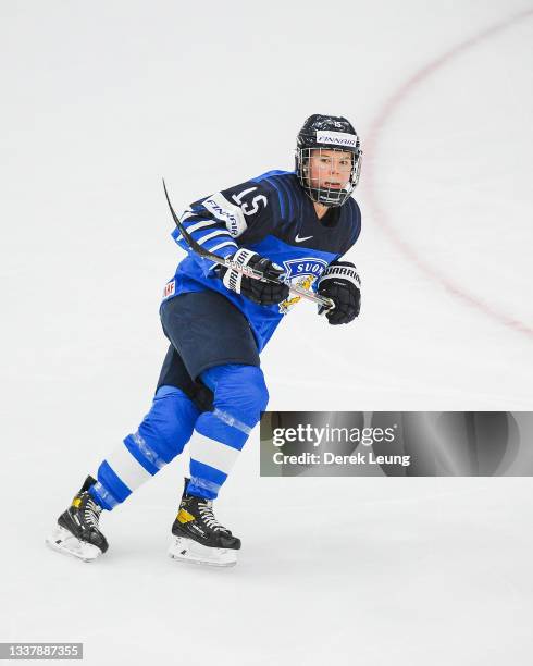 Minnamari Tuominen of Finland in action against Switzerland in the 2021 IIHF Women's World Championship bronze medal game played at WinSport Arena on...